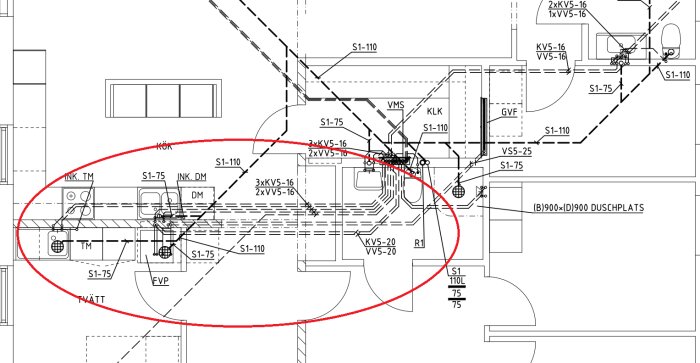 Teknisk ritning, VVS-system, ledningar, symboler, måttangivelser, installationsdetaljer, inringat område.