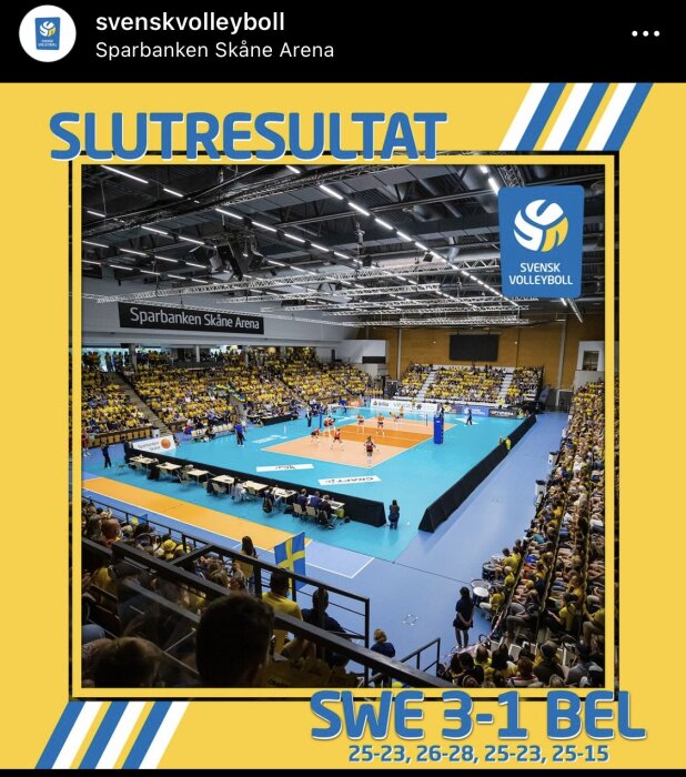 Inomhusvolleybollmatch, publik i gult, Sverige vann över Belgien 3-1, poäng visas, Sparbanken Skåne Arena.