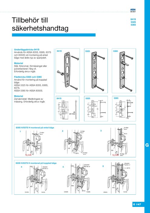 Montageanvisningar och illustrationer för dörrtillbehör och säkerhetshandtag från ASSA ABLOY. Diagram och tekniska specifikationer ingår.
