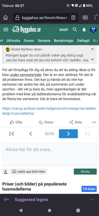 Skärmdump av ett foruminlägg på Byggahus.se om elbilsladdning och köer under semestertider.