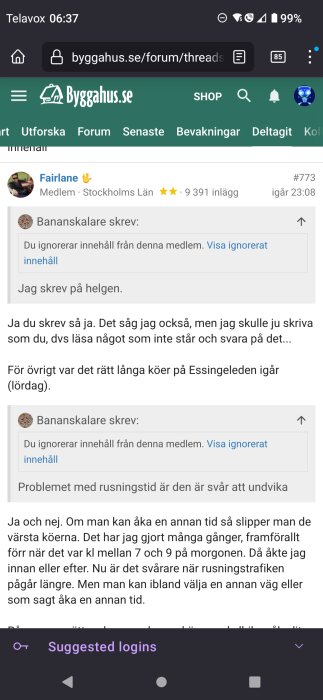 Skärmdump av forumtråd på Byggahus.se, diskussion om trafik, inlägg ignorerade, användargränssnitt synligt.