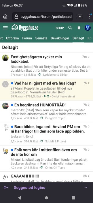 Skärmdump av ett svenskt webbforum, diskussionstrådar inom bygg och humor, mobilgränssnitt, notifikationer, sökfunktion.