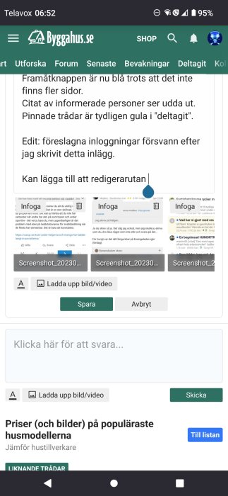 Skärmdump av ett forum, textinlägg, användargränssnitt, mobil vy, diskussionsämnen, grön och vit färgschema.