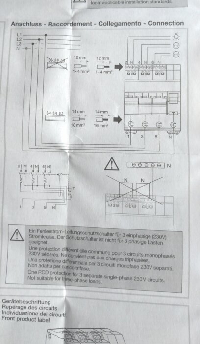 Teknisk anvisning för elinstallation med scheman och anslutningsinstruktioner. Multispråkig text och symboler.