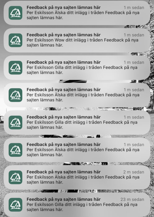 Skärmdump av notiser från en online-plattform med feedback och reaktioner på inlägg.