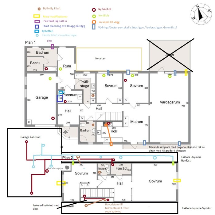 Husritning med ventilationssystem, färgkoder, modifieringar, och rumsetiketter på svenska.