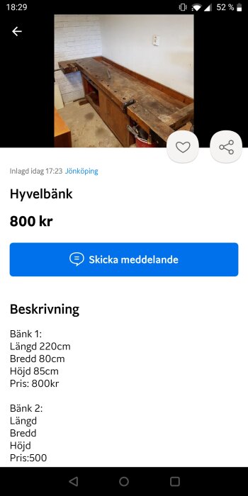 En begagnad snickarbänk till salu för 800 kronor, placerad i ett vitt rum.