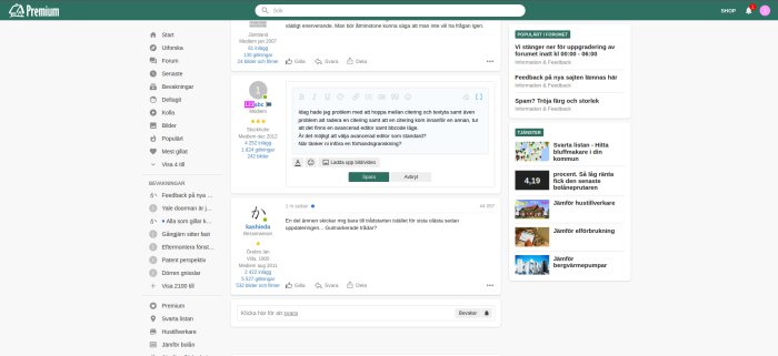 Skärmdump av ett svenskt webbforum med diskussionstrådar och användargränssnitt. Träfflista, navigeringsmeny och annonser syns.