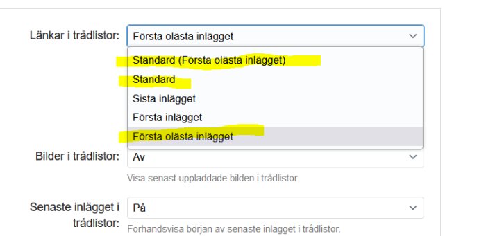 Skärmdump av inställningsmeny, gult markerat text, forum eller e-post inställningar på svenska.