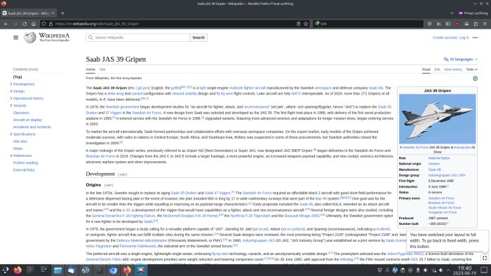 Wikipedia-sida för Saab JAS 39 Gripen med text och bild på stridsflygplan.