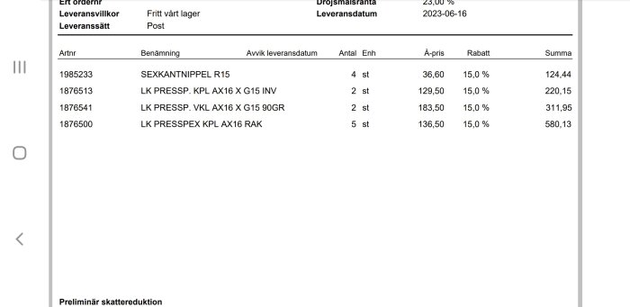 Fakturautdrag, produkter, antal, enhetspris, rabatt, total summa, leveransvillkor och -datum.