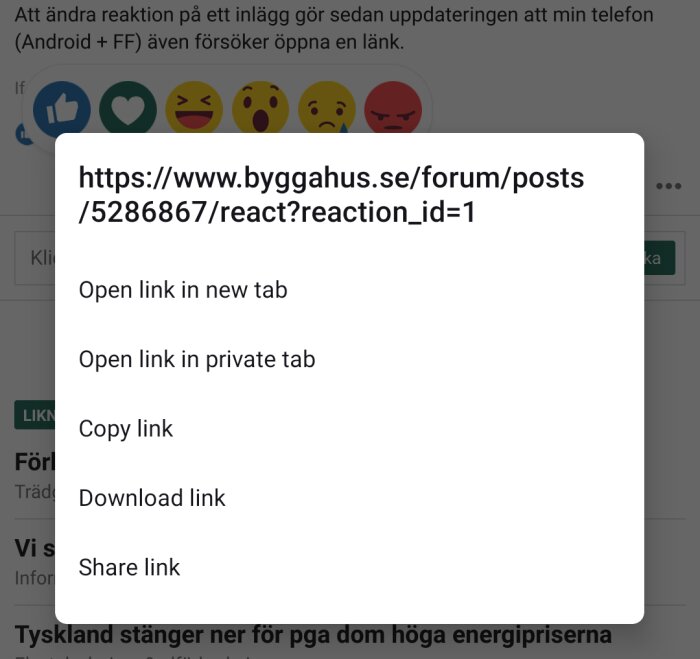 Skärmdump av en mobil webbläsare med länk-menyn öppen.