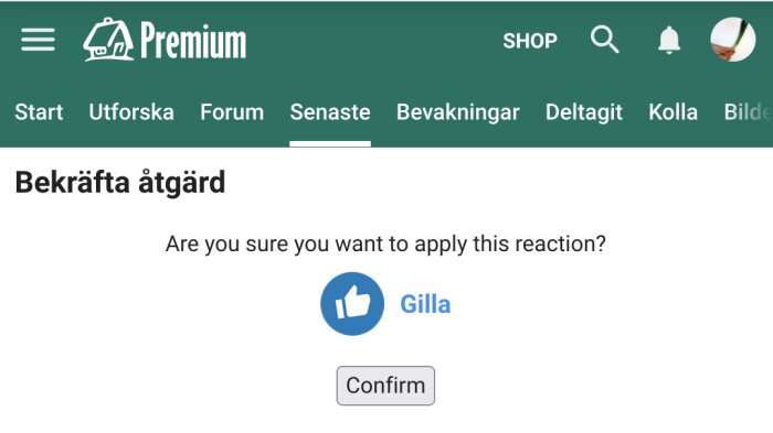 Skärmklipp av webbsida, bekräftelseförfrågan för att "Gilla" med tumme upp, grönt tema, blandat språk (svenska/engelska).