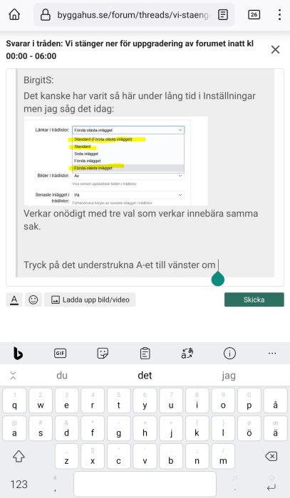 En skärmdump från ett internetforum, visar en tråd med en användarkommentar och inläggsskrivningsområde.