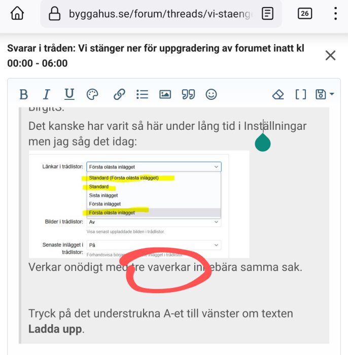 Skärmdump av ett forum, redigeringsgränssnitt med markerad text, diskussion om funktionens redundans.