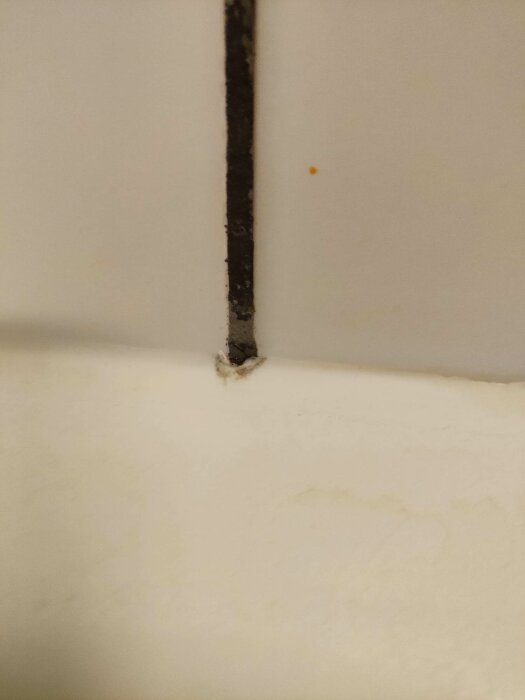 Närbild på en hörnvägg med smuts- och mögelavlagringar samt en liten orange fläck.