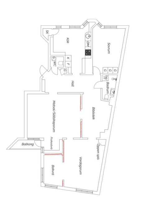 Ritning av lägenhet med vardagsrum, kök, sovrum, badrum, balkong och fler rum.