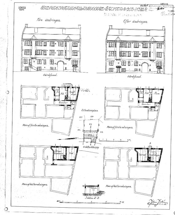 Arkitektoniska ritningar, fasader och planlösningar, före och efter ändringar, detaljerad konstruktionsteckning, svartvit.