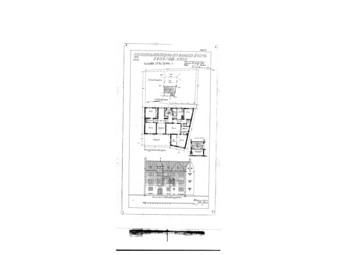 Arkitektonisk ritning av byggnad, planlösning och fasadvy, tekniska märkningar, svartvitt.