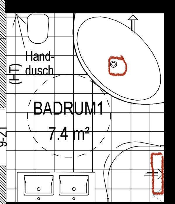 Ritning av badrum med badkar, handdusch, två handfat och dörr, markerad yta 7.4 m².