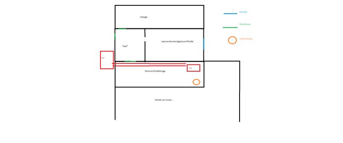 Förenklad planritning av en byggnad med garage, rum, pannrum, fönster, ytterdörrar och ventilationspunkter.