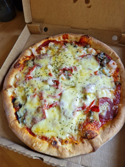 En pizza med smält ost, pepparoni, svamp, i kartong, ser nybakad och aptitlig ut.