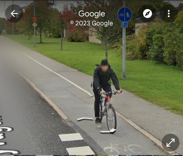 Person cyklar på cykelbana, träd och gräs i bakgrunden, gråmulet väder, Google Street View.