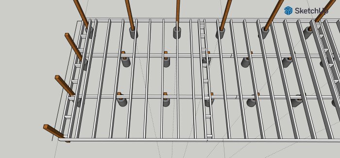 3D-modell av ett takstolsystem med sparrar, purliner och stag, designad i SketchUp.