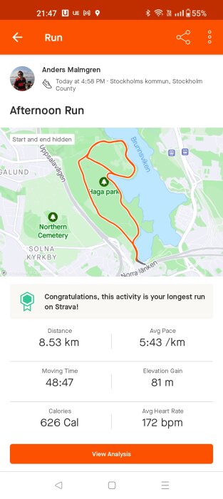 Skärmdump från Strava, löpaktivitet vid Hagaparken, Stockholm. 8,53 km avklarade på 48:47 minuter, 626 kalorier brända.