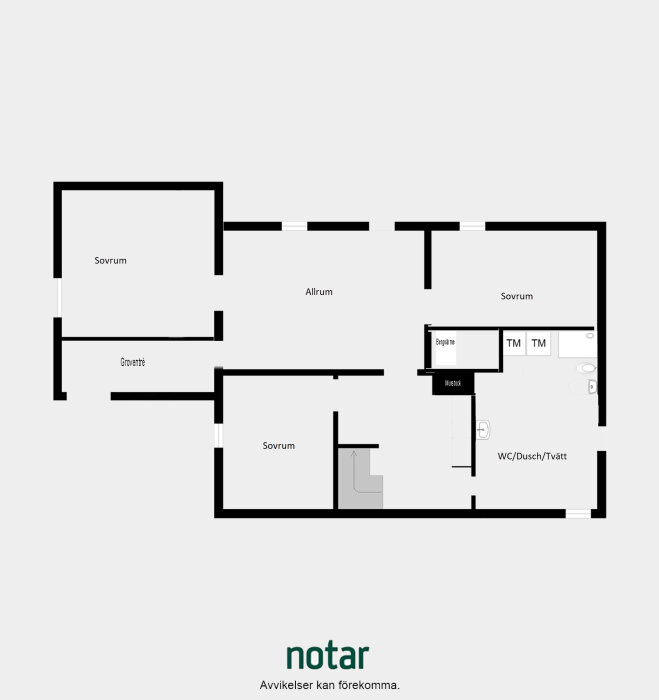 Svartvit ritning av en lägenhetsplan med sovrum, allrum, kök, och badrum.