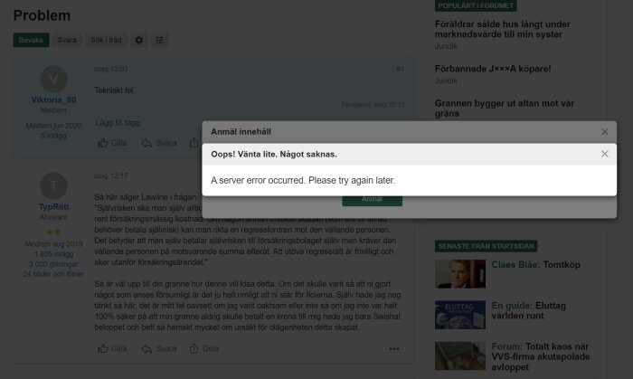 Skärmdump av ett forum med diskussionstrådar, felmeddelande "A server error occurred", användarkommentarer.