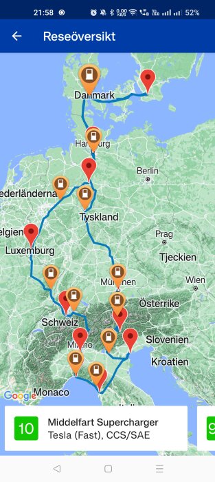 Resrutt på karta, markerade stopp, Sverige till Italien, Tesla Supercharger-stationer, bilnavigering, Europeisk resa.