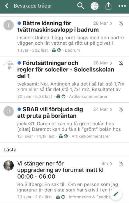 Skärmdump av ett forum med trådar om hushållslösningar, solceller och bankprodukter.