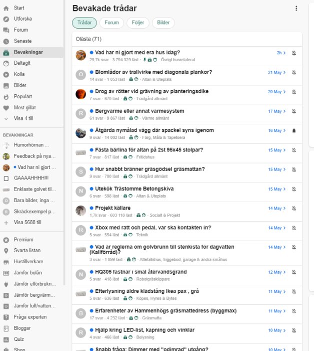 Skärmbild av ett forum, innehåller diskussionstrådar om husråd, trädgård och byggprojekt.