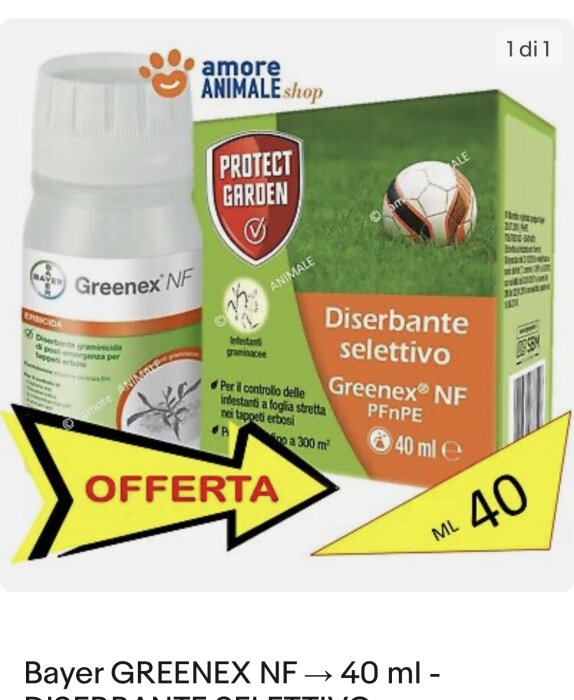Bild av Bayer GREENEX NF ogräsmedel, 40 ml förpackning, marknadsföring som erbjudande.