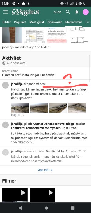 Skärmdump från svenska forumet Byggahus, diskussionstrådar om byggrelaterade ämnen och användarkommentarer.