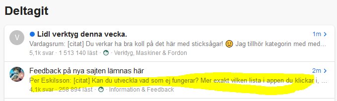 Skärmdump av forumtrådar, deltagargränssnitt, två konversationer markerade med gult.