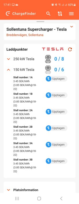 Skärmdump av ChargeFinder-appen visande tillgängligheten för Tesla Superchargers i Sollentuna, Sverige, med prisinformation.