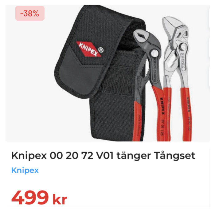 Knipex-tänger i fodral, rea -38%, pris 499 kronor. Verktyg, röd/svarta handtag, produktannons.