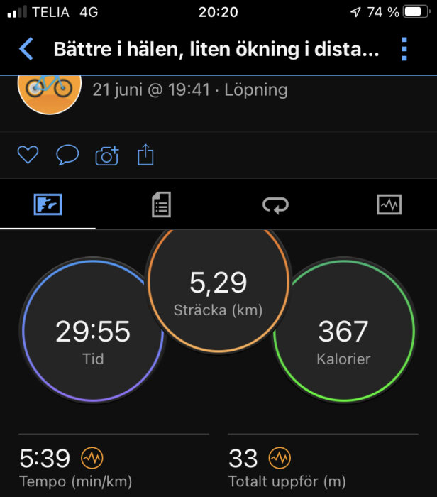 Skärmavbild av träningsapp visar löpning; 5,29 km, 29:55 tid, 367 kcal brända, 5:39 min/km tempo.