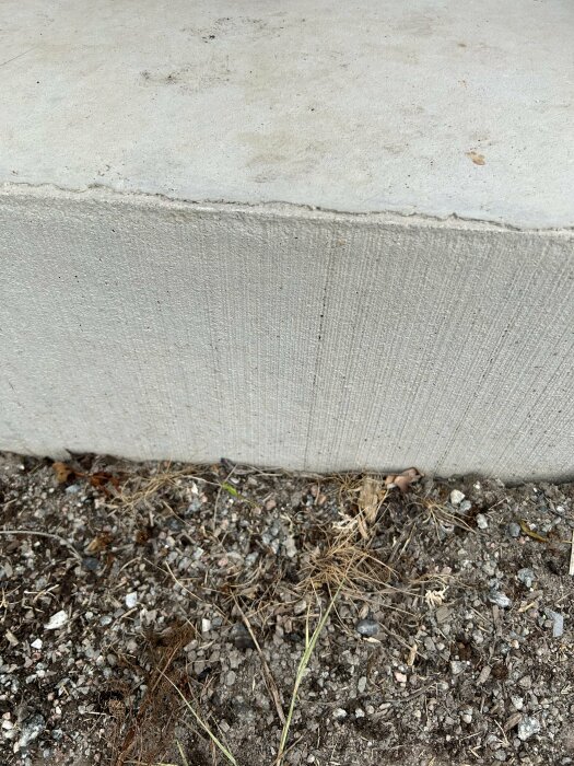 Betongkant mot grus och mark med spridda löv och småsten. Enkel, otydlig närbild på övergångsytan.