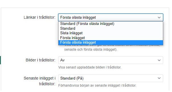 Skärmdump av ett menyalternativ för att välja hur länkar visas i en tråd.