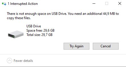 Felmeddelande på dator, inte tillräckligt med utrymme på USB-minne för att kopiera filer.