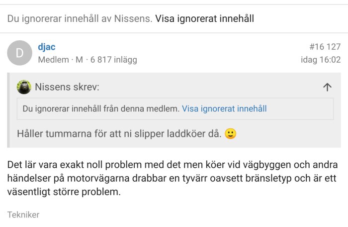 Skärmdump på forumtråd, Ignorerat inlägg, Diskussion om trafikproblem.