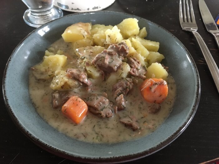 En tallrik med köttgryta, potatis och morötter, serveras på mörkt bord.