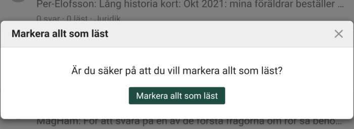 Ett popup-fönster med frågan "är du säker" för att bekräfta åtgärden "markera som läst".