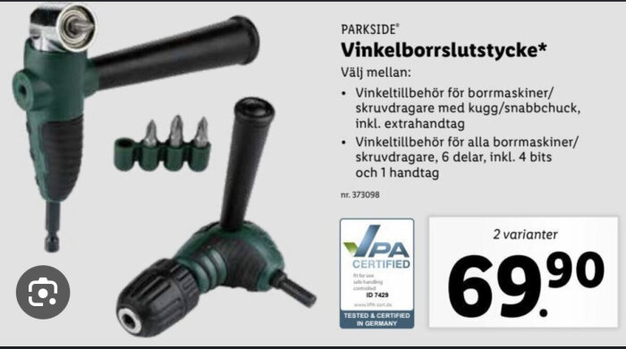 Reklam för vinkelborrslutstycke av märket PARKSIDE, tillbehör, två varianter, pris 69,90, TÜV-certifiering.