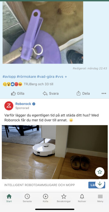 Social media post: översvämning badrum, verktyg; nedre delen visar robotdammsugare reklam, trägolv.