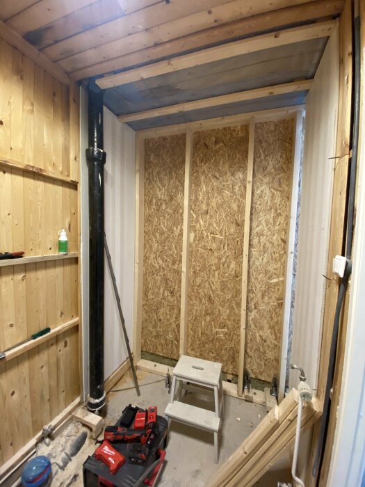 Ett rum under renovering med byggmaterial, verktyg och en oskyddad rörinstallation.