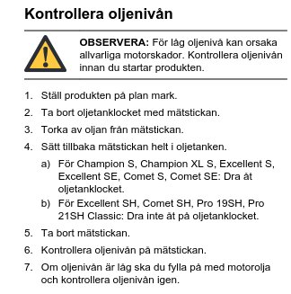 Instruktioner för att kontrollera oljenivå, varningsikonen, steg-för-steg procedur, produktmodeller listade.